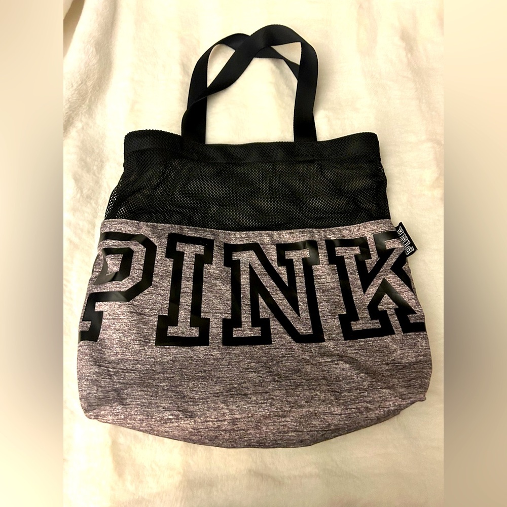 VICTORIA SECRET PINK LARGE TOTE WEEKENDER BAG NETTING BLACK GRAY LOGO.